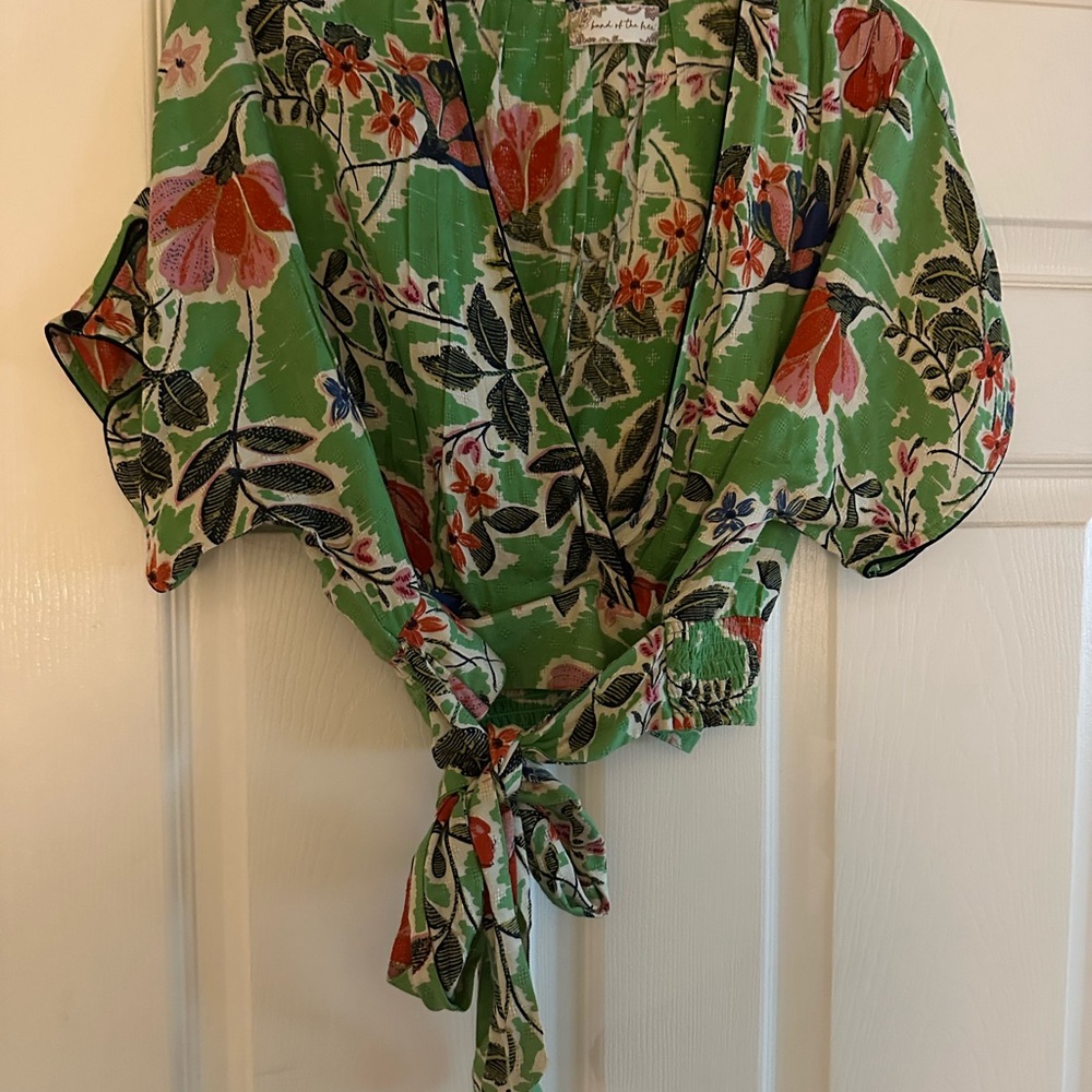 Free People Green Crop Tie Front Blouse